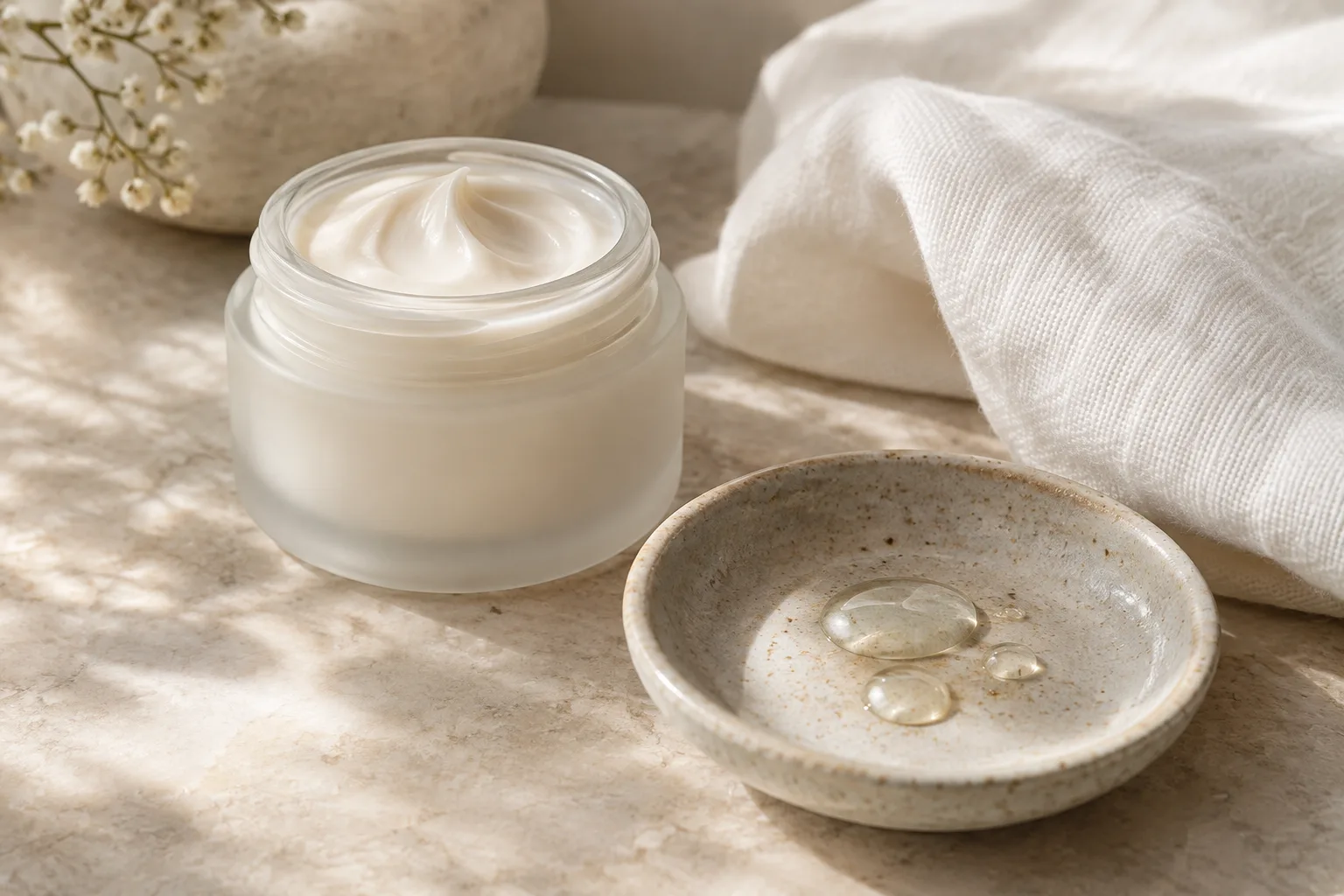 Pot de crème non marqué et coupelle de gouttes translucides posés sur un tissu clair.