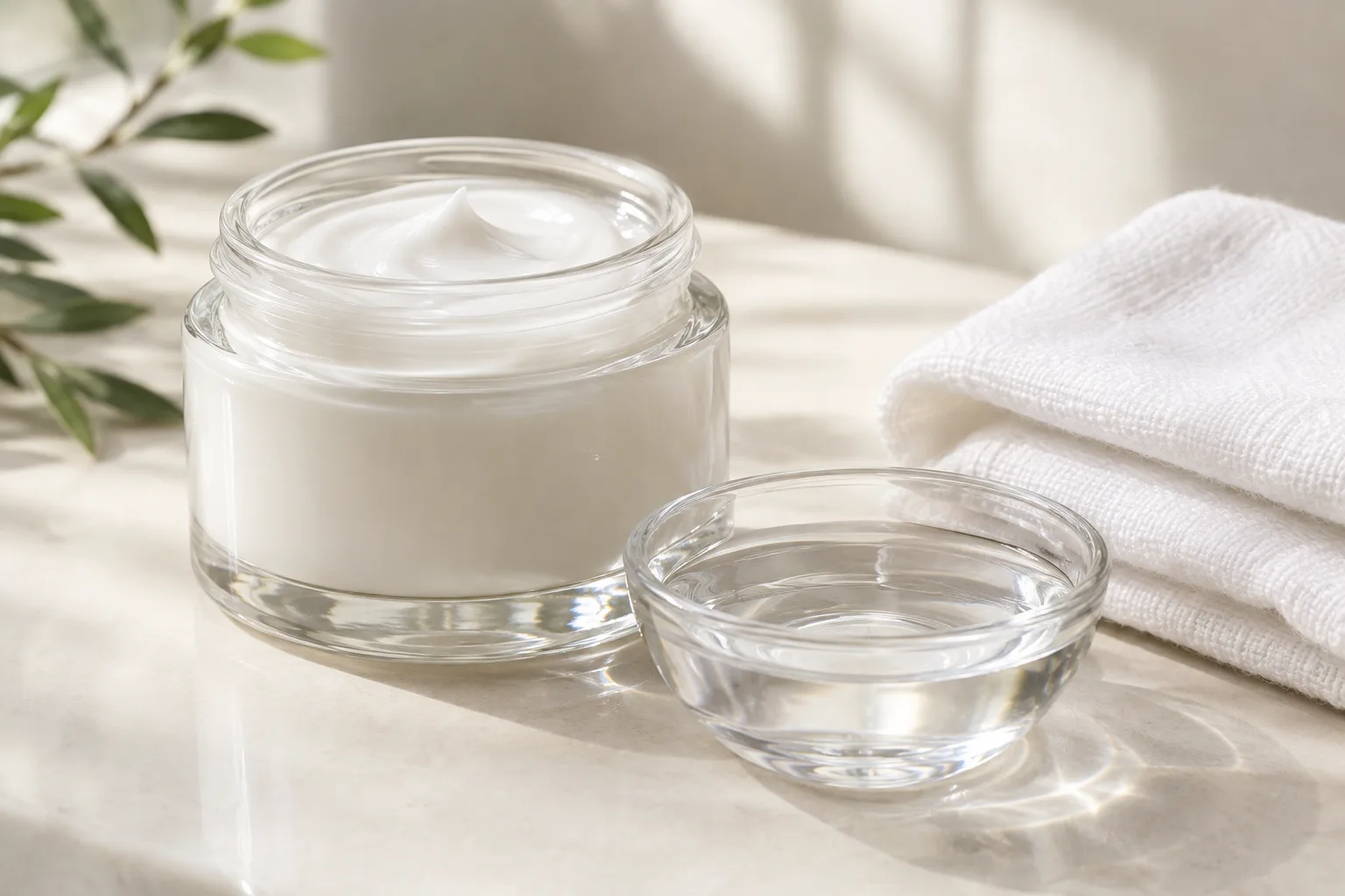 Pot de soin et petit récipient de liquide transparent disposés sur un tissu clair.