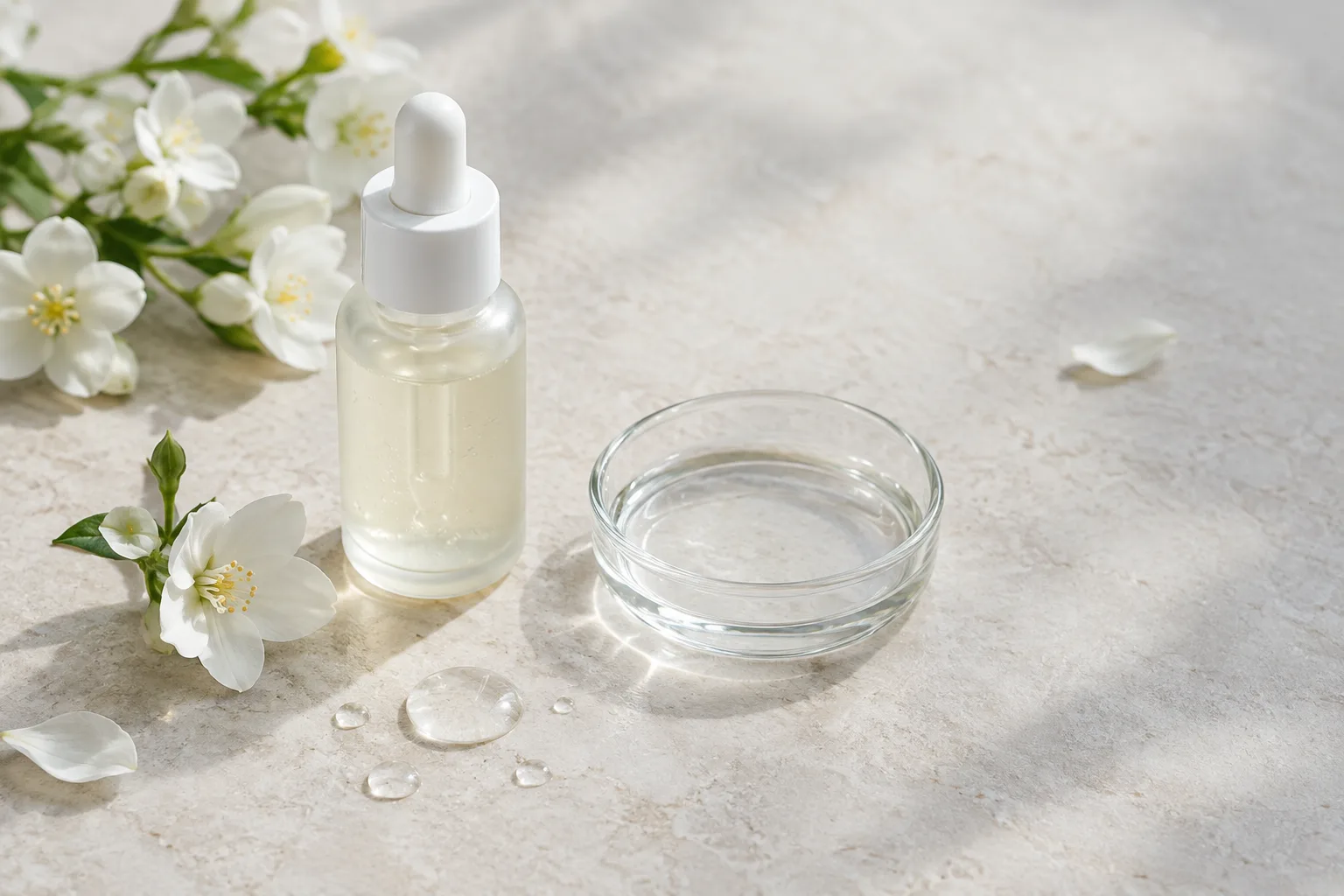 Flacon de sérum non marqué posé près d’une coupelle en verre et de fleurs blanches.